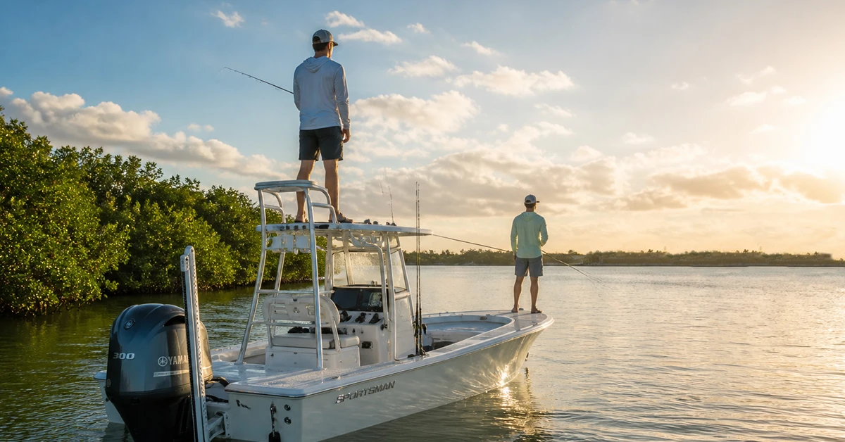 Two people fishing from boat on calm Florida water at sunrise