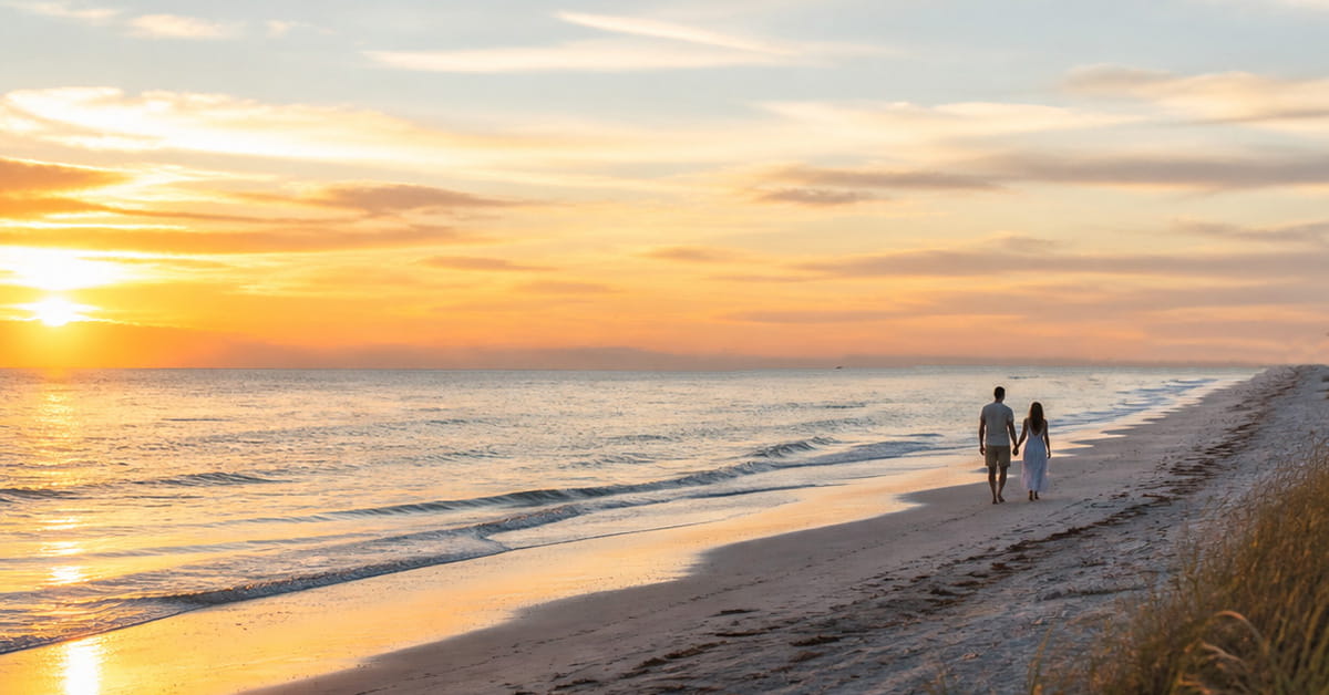 Couple walks along sandy beach at sunrise beside ocean waves