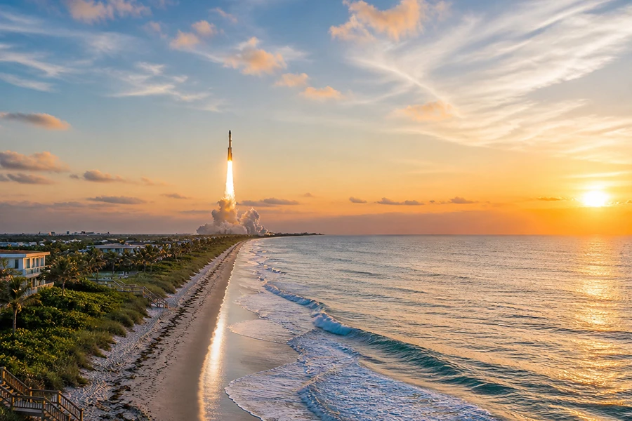 Rocket launches over Florida beach at sunrise with waves and coastline