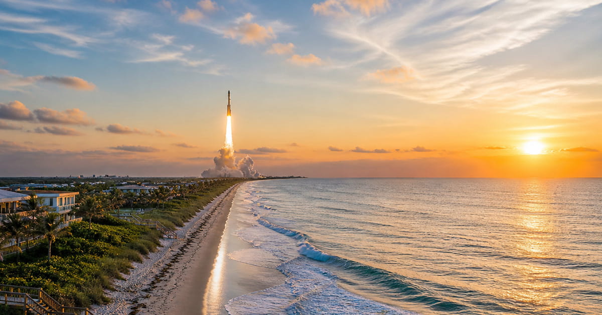 Rocket launches over Florida beach at sunrise with waves and coastline