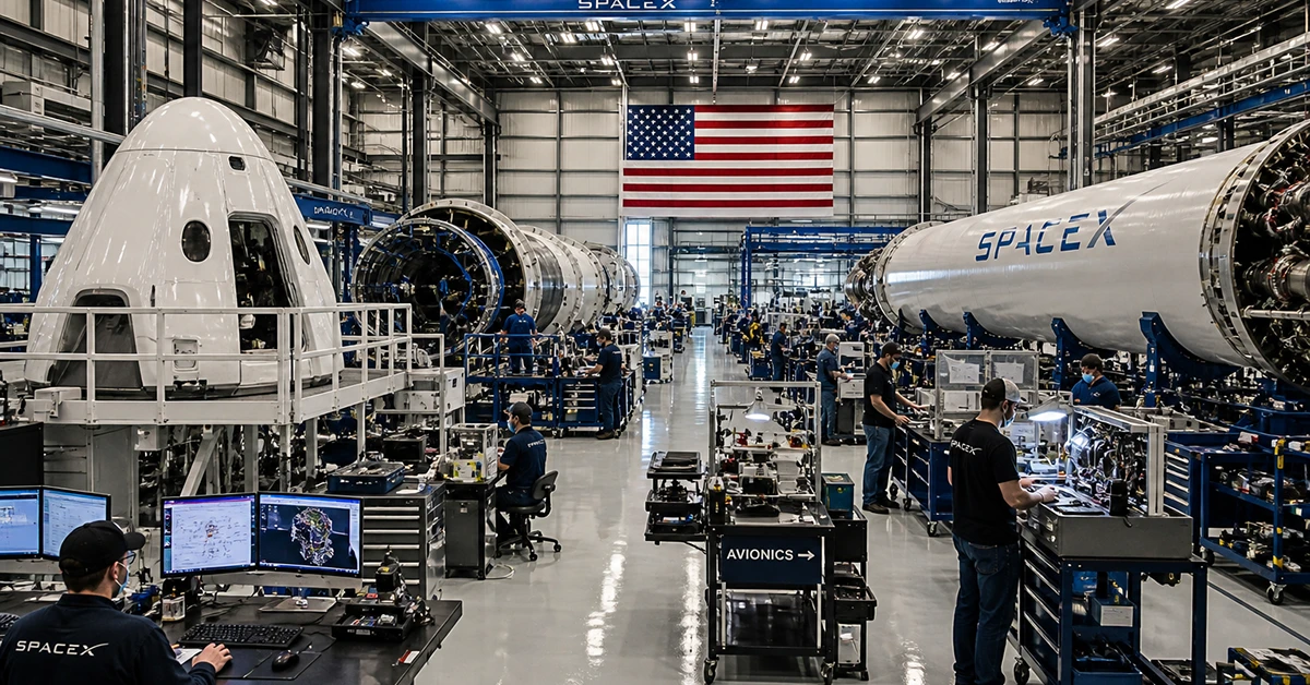 Engineers work inside SpaceX rocket facility with large spacecraft components
