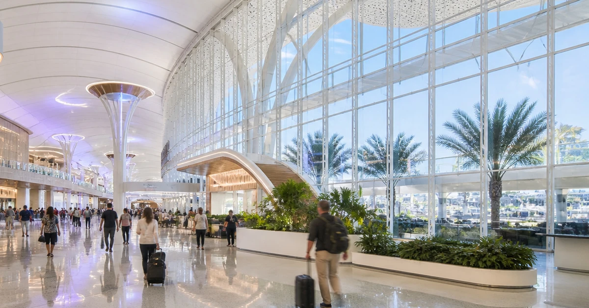 Travelers walk through bright modern airport terminal with large windows