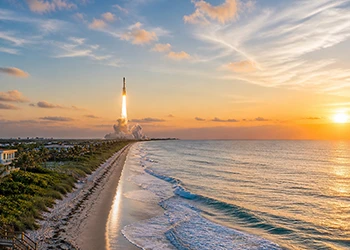 Rocket launches over Florida beach at sunrise with waves and coastline