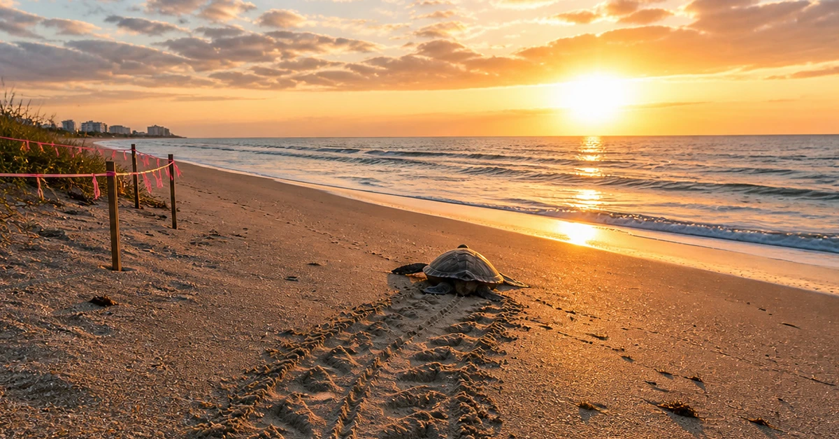 Sea turtle crawls across sandy beach toward ocean at sunrise
